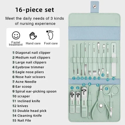 🌱Early Spring Sale🌸16 PCS Professional Stainless Steel Manicure Pedicure Set with Leather Case