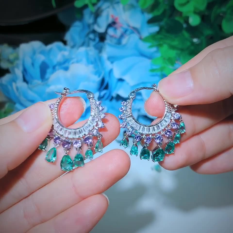 【🔥🔥HOT SALE】New sparkling circle water drop zircon tassel earrings Water Drop Earrings Blue Hoop earrings🎁