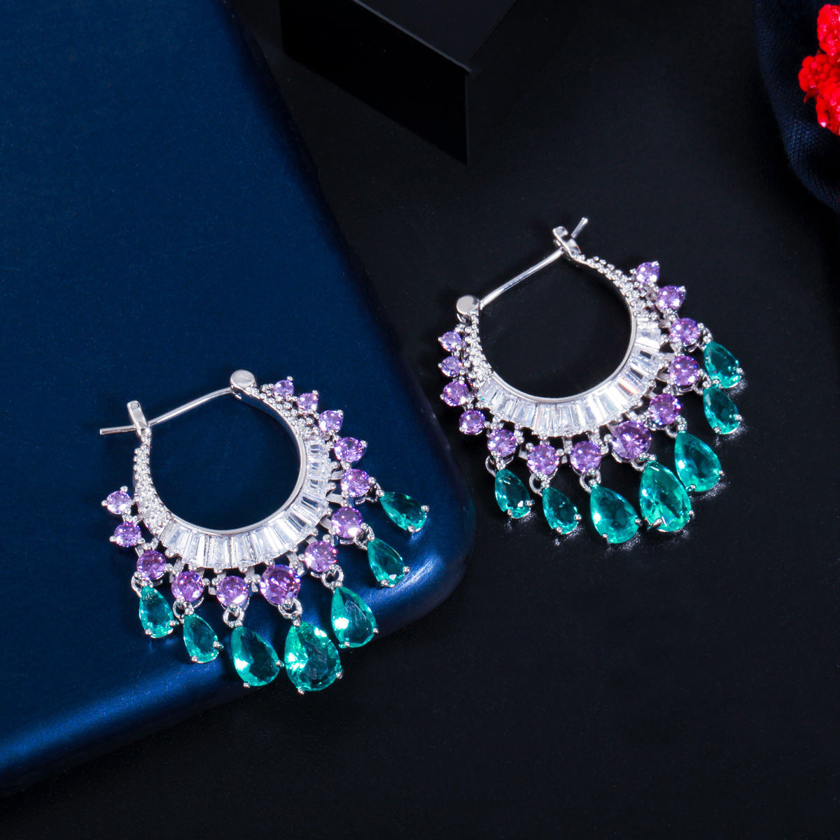 【🔥🔥HOT SALE】New sparkling circle water drop zircon tassel earrings Water Drop Earrings Blue Hoop earrings🎁