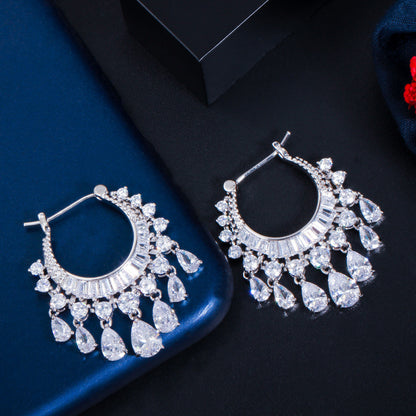 【🔥🔥HOT SALE】New sparkling circle water drop zircon tassel earrings Water Drop Earrings Blue Hoop earrings🎁