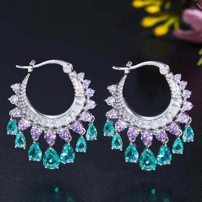 【🔥🔥HOT SALE】New sparkling circle water drop zircon tassel earrings Water Drop Earrings Blue Hoop earrings🎁