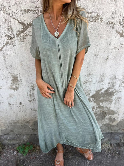 💕Best Gift💕Cotton and Linen V-neck Midi Dress